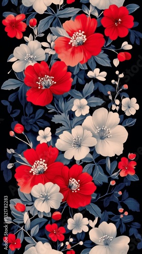 Colorful Floral Pattern Featuring Red and White Flowers on Dark Background Wi...