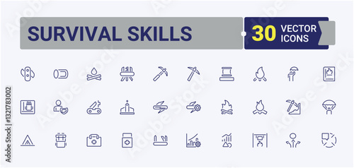 Survival Skills modern icons set. Containing dangerous situation, adaptation, hunting, survivor, adventure. Survival icon pack. Line symbol. Minimalistic linear icons.