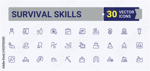 Survival Skills modern icons set. Containing dangerous situation, adaptation, hunting, survivor, adventure. Survival icon pack. Line symbol. Minimalistic linear icons.