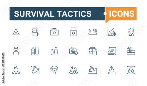 Survival Tactics linear icon collection. Contain linear sign saving,  survivor, war, rescue, survival kit, self preservation and more. Survival icon collection. Conceptual pictogram and infographic.