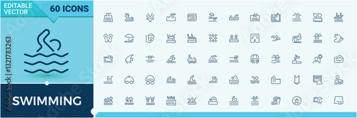Swimming icon. Set of line pictogram. Contains such icons as lifestyle, diving, swimming pool, swimmer, swimwear, dive, shower and more. Pool icon set. Trendy minimal icons.