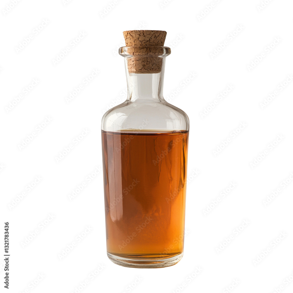 Elegant Glass Bottle Containing Amber Liquid with Cork Stopper Elegant Glass Bottle Containing Amber Liquid with Cork Stopper