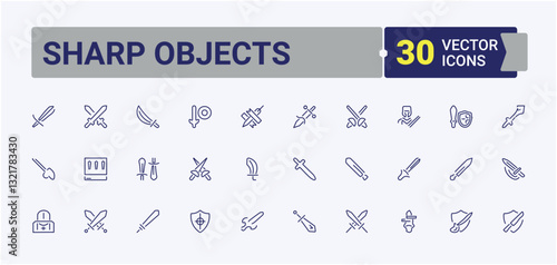 Sharp Objects minimal icon set. It contains symbols to war, weapon, sharp, knife, swords, sword, battle. Sword icons set in linear style. Minimalistic linear icons.