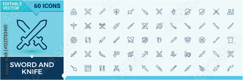 Sword and Knife linear icon collection. Contains related to blade, sharp, weapon, battle, knife, war, sword, saber. Thin outline icons pack. Weapon icon set. Vector illustration in modern line style.