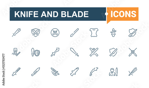 Knife and Blade vector icon set. It contains symbols to medieval, battle, sharp, blade, saber, knife, weapon, war. Sword And Knife linear icon. Art and illustration