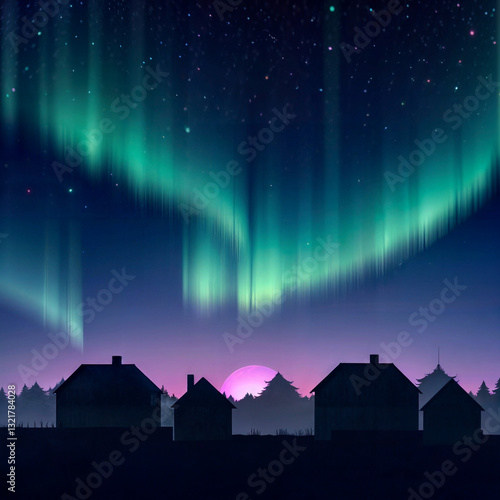 Dark Houses with Northern Lights Serenity