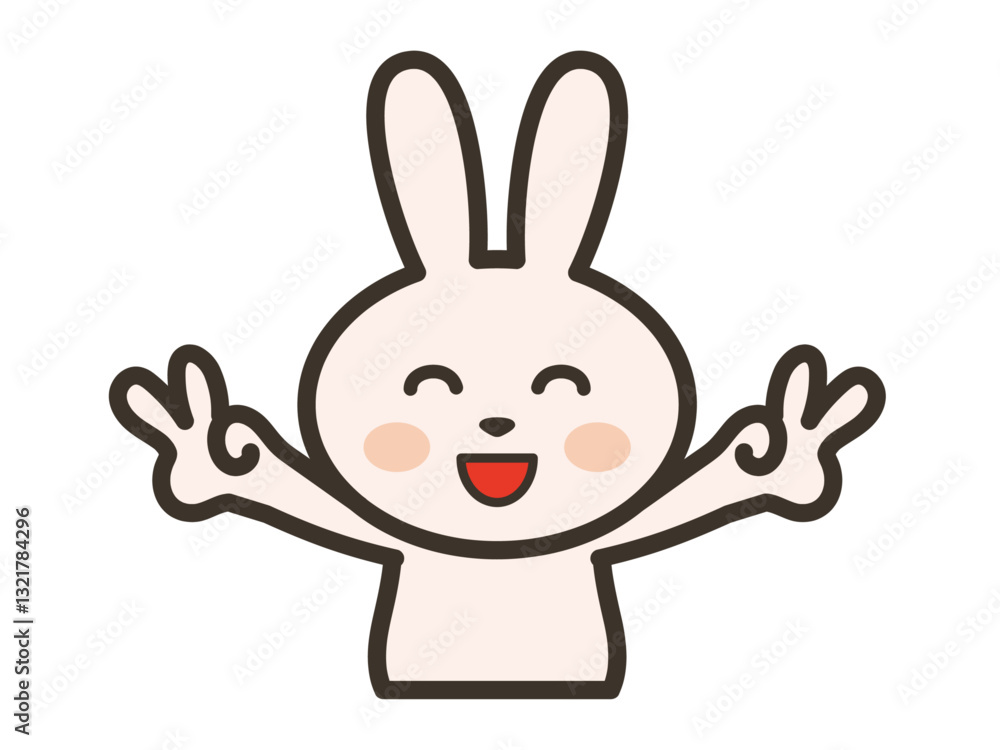 Obraz premium 満面の笑顔でダブルピースをするかわいいうさぎさんの上半身イラスト