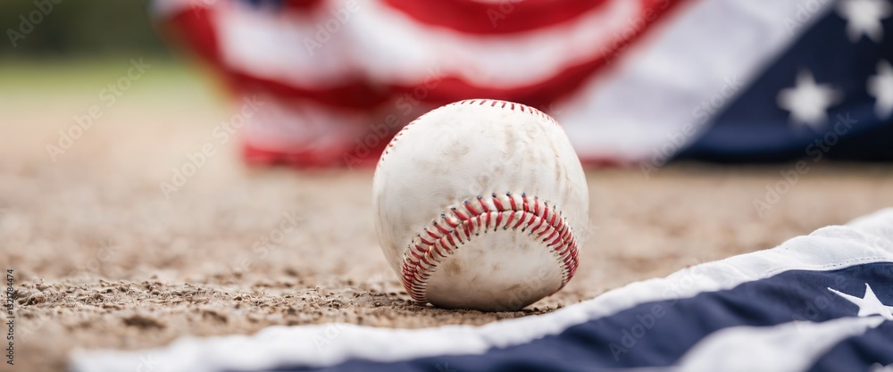 white baseball is set against a waving American flag.