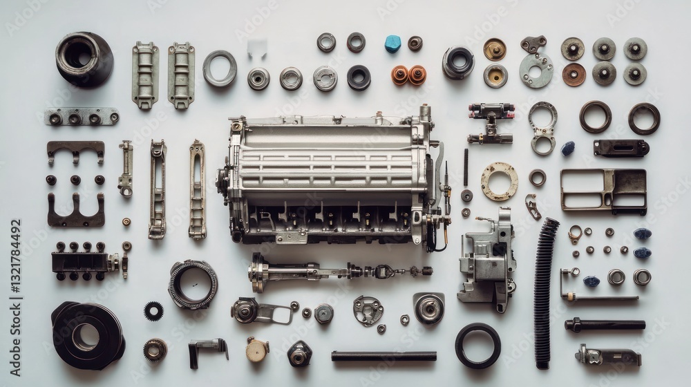 Disassembled car engine and its parts arranged on white background. Disassembled car engine and its parts arranged on white background.