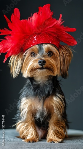 Small Dog in Vibrant Floral Headpiece Standing Against Autumn Background