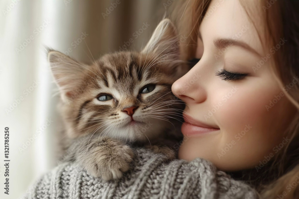 British Shorthair kitten playfully climbing onto human's shoulders, nuzzling their neck while the person smiles lovingly, showcasing adorable companionship and affection British Shorthair kitten playfully climbing onto human's shoulders, nuzzling their neck while the person smiles lovingly, showcasing adorable companionship and affection