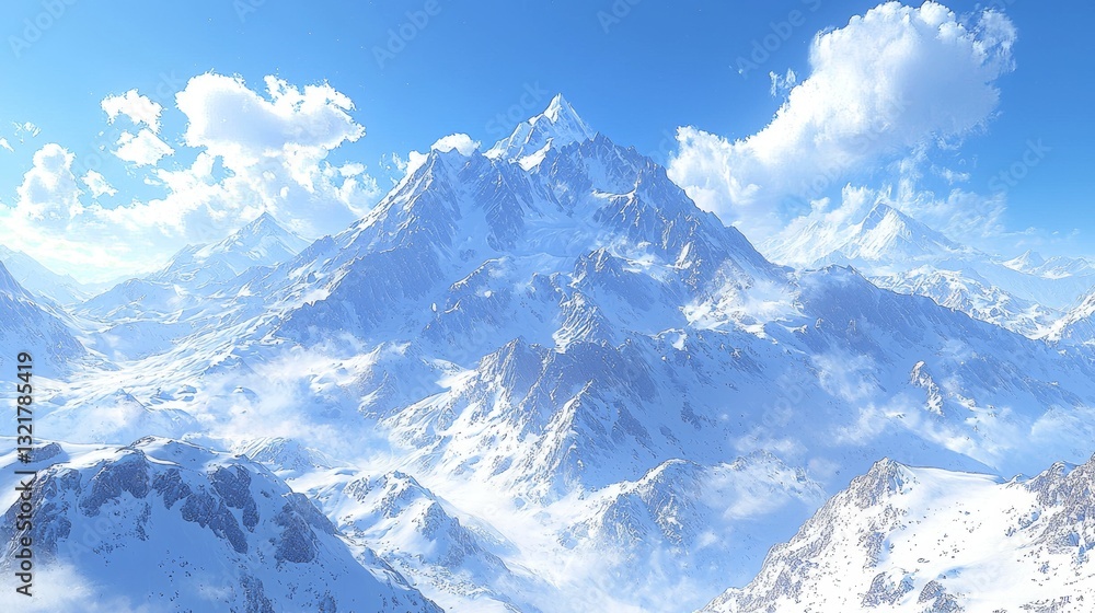 Obraz premium Breathtaking vista of snow-capped peaks bathed in a dreamy celestial light