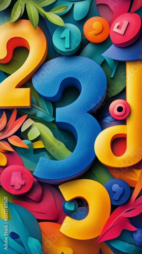 Colorful 3D Numbers and Shapes Surrounded by Vibrant Foliage in a Playful Design