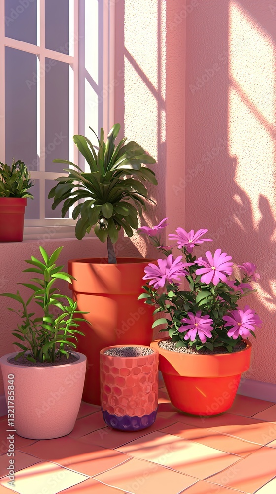 Sunny room, potted plants, window light, terracotta pots, home decor, interior design Sunny room, potted plants, window light, terracotta pots, home decor, interior design