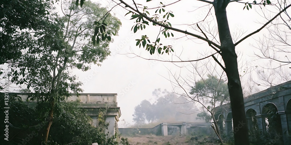 Obraz premium Overcast Day, Ruins, Trees, Foggy Landscape