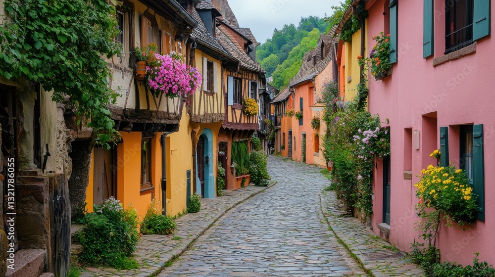 Fototapeta premium Village street view. Colorful houses along the cobblestone road. Plants and flowers decorate the buildings. Old traditional European architecture.