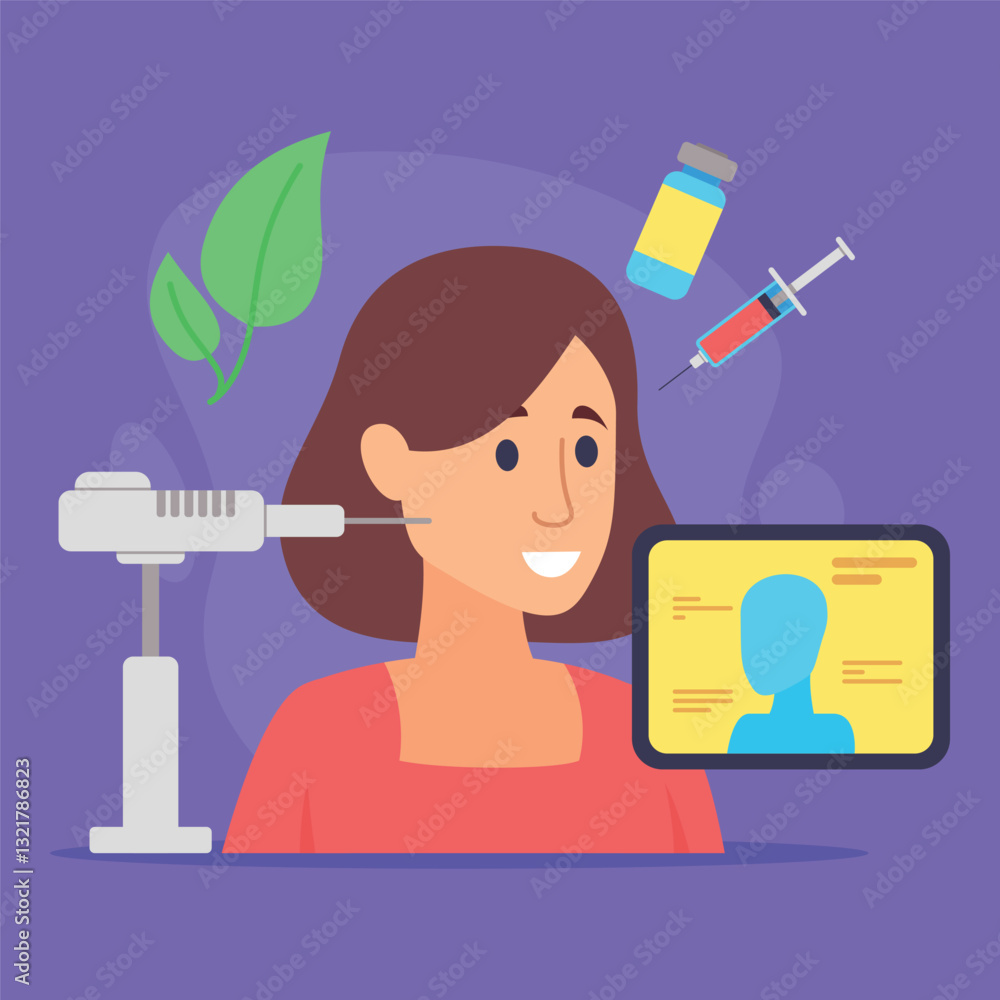 Friendly woman surrounded by health symbols: syringe, vaccine vial, tablet with health info, and green leaves, all representing wellness