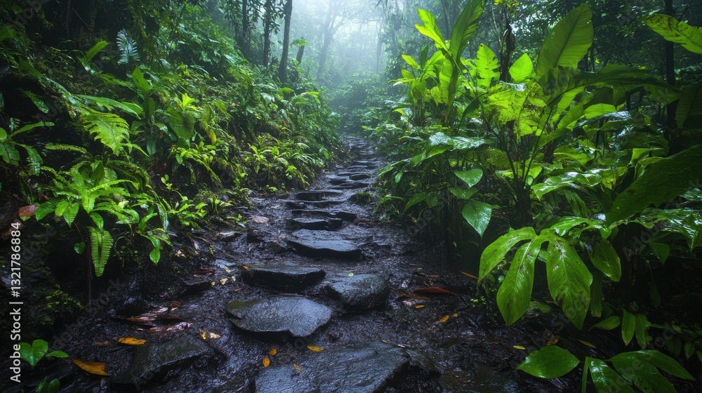 Fototapeta premium Green forest path. Wet stones on trail. Lush plant life grows. Foggy scene in nature. Walk in woods.