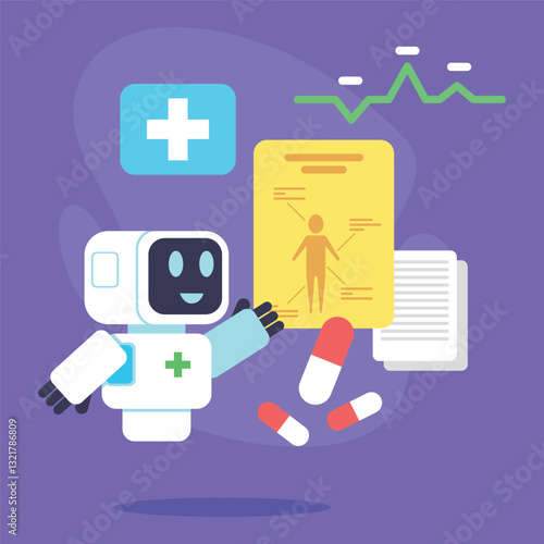 Cheerful robot helping with health management by holding medical documents and showing medicine. Health and wellness concept