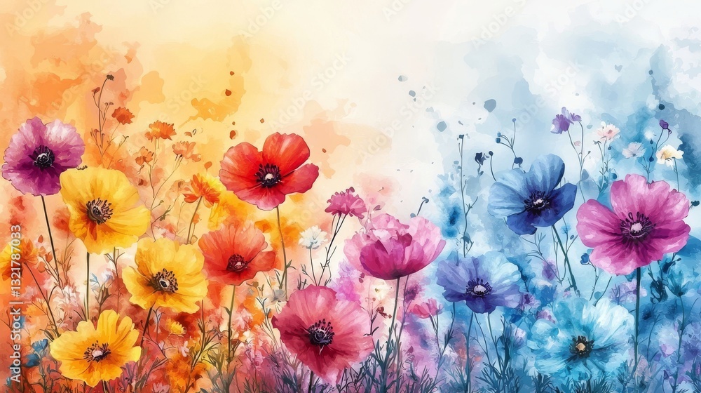 Obraz premium Delicate watercolor floral painting with vibrant poppies and whimsical accents