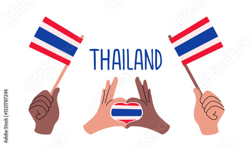 Thai flags illustration. Hands holding Thai flags and forming heart shape with fingers, filled with flag of Thailand. Text Thailand. Ready for national celebration, Independence Day, travel themes.
