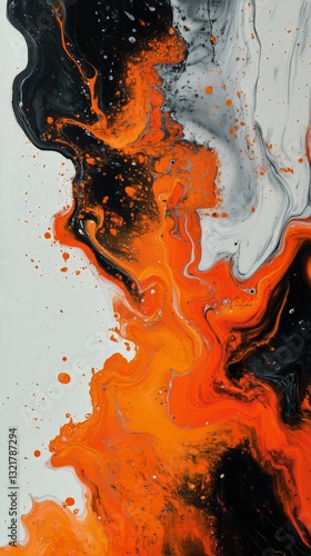 Vibrant Abstract Artwork Featuring Orange, Black, and Gray Colors Blending Se...