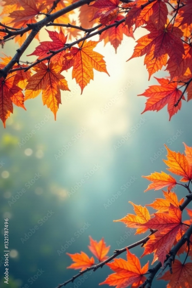 Autumnal foliage framing a serene, hazy background, showcasing the vibrant colors of fall's majestic splendor. Autumnal foliage framing a serene, hazy background, showcasing the vibrant colors of fall's majestic splendor.