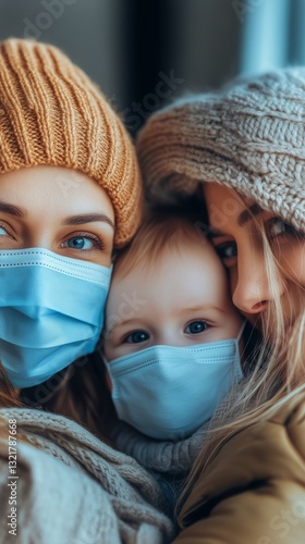 Two Women and a Baby Wearing Face Masks Pose Together Indoors During Winter