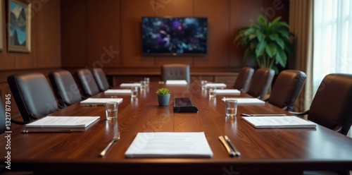 Sleek mahogany boardroom table  documents arranged neatly   planning  conference room  boardroom