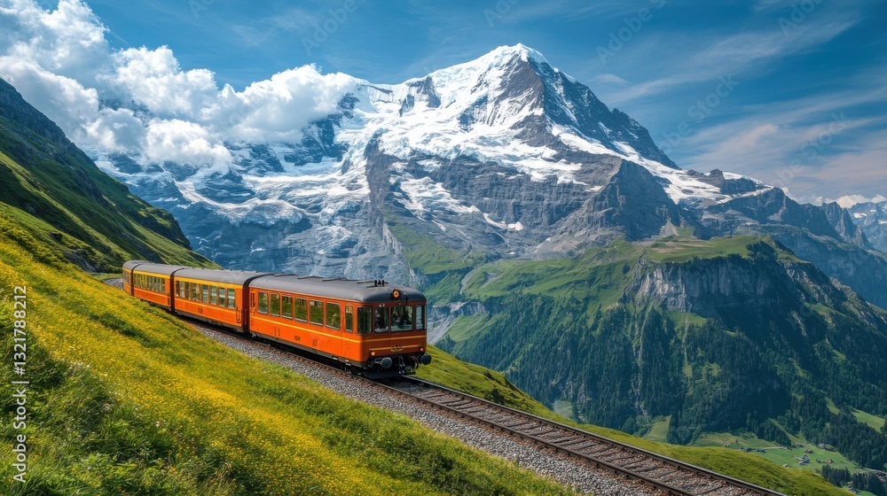 Mountain train rides through green hills. Snowy peak and blue sky create a scenic landscape. Orange railroad car travel in nature. Mountain train rides through green hills. Snowy peak and blue sky create a scenic landscape. Orange railroad car travel in nature.