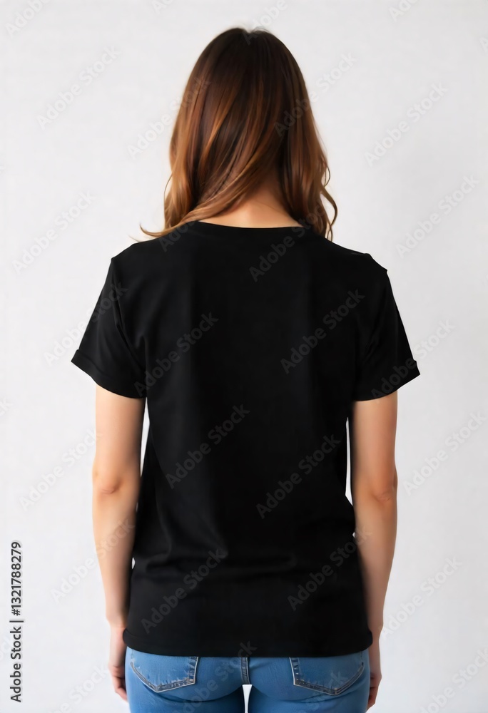 Back view of woman wearing plain black t-shirt, blank apparel mockup, Mockup template for design print Back view of woman wearing plain black t-shirt, blank apparel mockup, Mockup template for design print