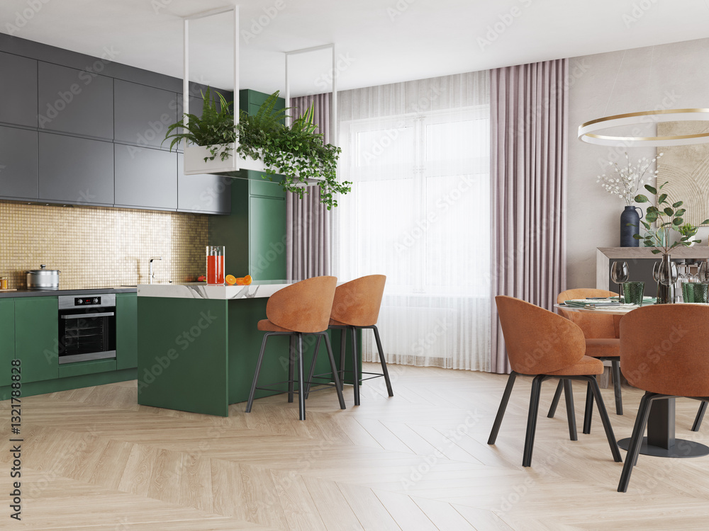 Fototapeta premium A modern kitchen and dining area