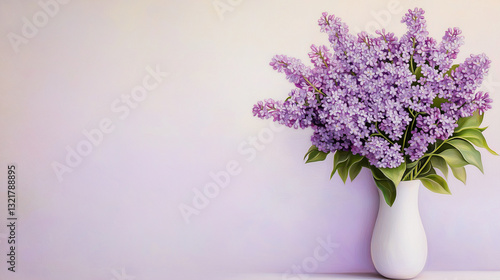 Wallpaper Mural Purple lilac bouquet nestled in white ceramic vase, displaying verdant foliage against muted pastel setting, radiating elegant, tranquil mood Torontodigital.ca
