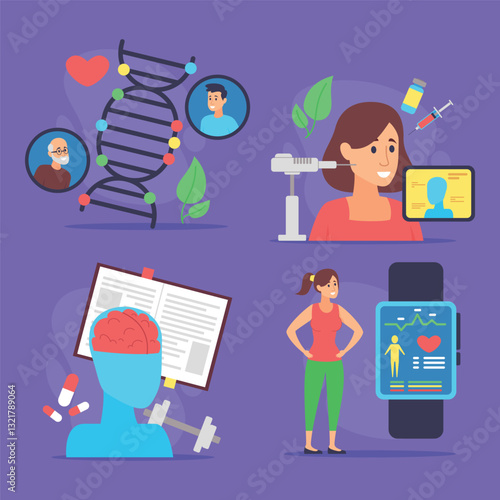 Collection of health themes, including DNA research, medical technology, fitness tracking, and personal health assessments. Modern approaches to well-being in everyday life concept
