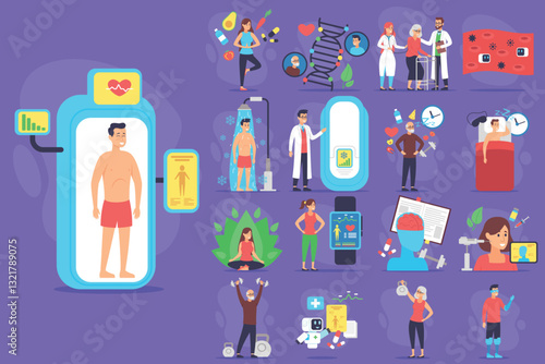 Vibrant collection of various health and wellness activities. Exercise, medical check-ups, mindfulness, and wearable technology for tracking health