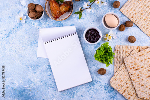 Traditional Passover Seder plate with symbolic foods. Symbolic of Jewish holiday Pesah. photo