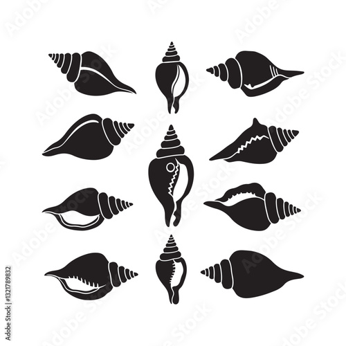 seashell and mollusk silhouette vector icon set ocean conch scallop spiral shell clipart design