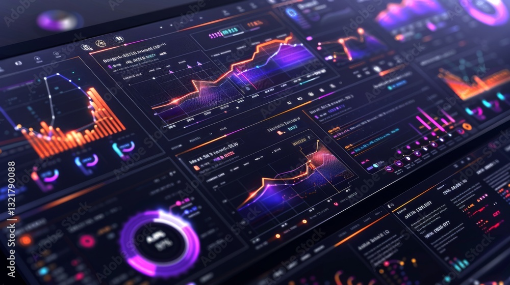 Colorful graphs showcase various data trends and analytics on a sleek digital dashboard, emphasizing data visualization techniques in a technology oriented workspace during night hours. Colorful graphs showcase various data trends and analytics on a sleek digital dashboard, emphasizing data visualization techniques in a technology oriented workspace during night hours.