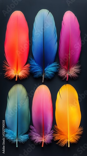 Vibrant Feathers in Various Colors Arranged Artistically on a Dark Background