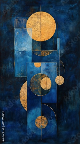 Abstract Blue and Gold Artwork Featuring Geometric Shapes and Circular Design...