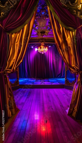 A vibrant cabaret club where glowing velvet curtains and radiant stage lights frame Art Deco eveningwear