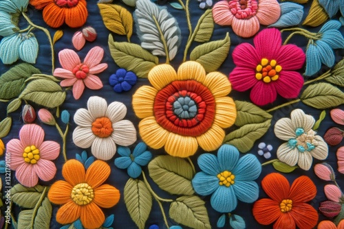 Vibrant Embroidery Design Featuring Colorful Flowers on a Deep Blue Fabric Su...