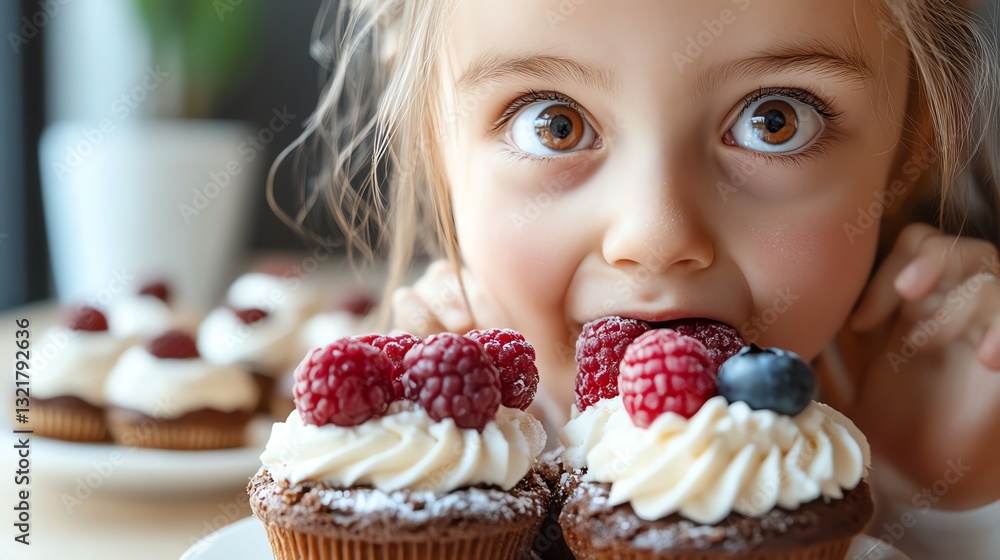A joyful child excitedly prepares to eat delicious cupcakes topped with fresh berries, embodying a moment of sweet indulgence. A joyful child excitedly prepares to eat delicious cupcakes topped with fresh berries, embodying a moment of sweet indulgence.