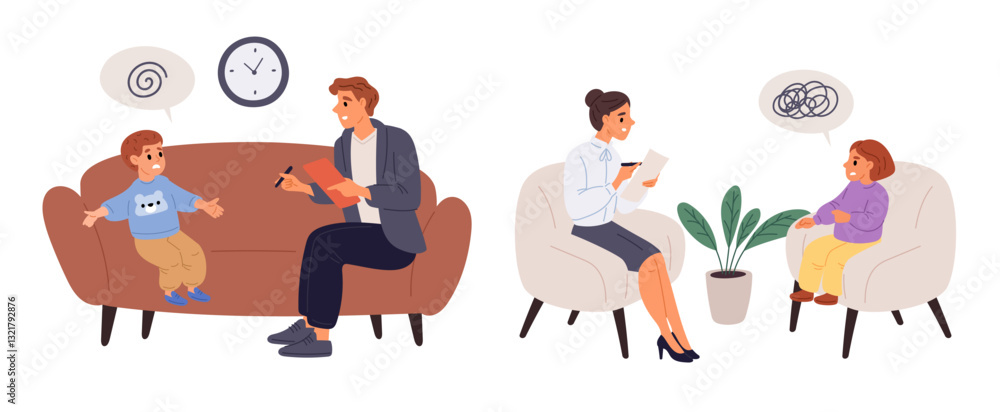 Child psychologists charge appointments. Mental health. Psychotherapy consultation. Psychological counseling. Depressed people therapy. Patient talking with psychoanalyst. Vector concept Child psychologists charge appointments. Mental health. Psychotherapy consultation. Psychological counseling. Depressed people therapy. Patient talking with psychoanalyst. Vector concept