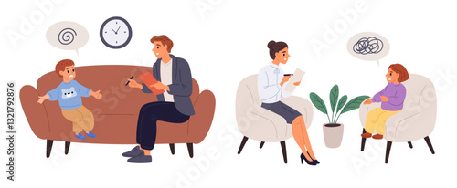 Child psychologists charge appointments. Mental health. Psychotherapy consultation. Psychological counseling. Depressed people therapy. Patient talking with psychoanalyst. Vector concept