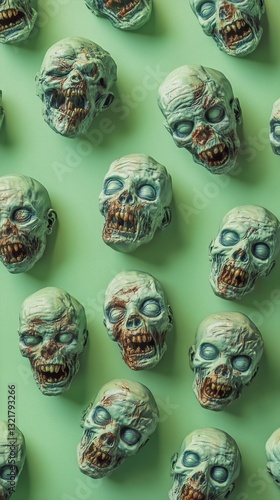 Green Zombie Heads With Grim Expressions Arranged on a Flat Surface in a Crea...