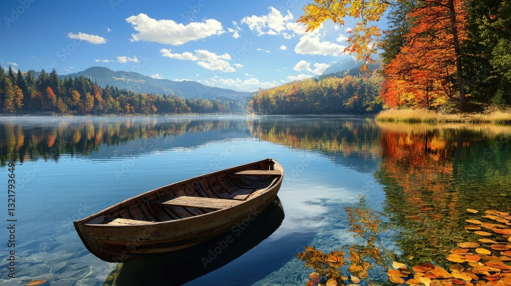 Naklejka premium A forgotten wooden boat, half-submerged in the still waters of a breathtaking mountain landscape.