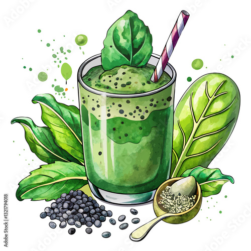 Watercolor Green Smoothie with Spinach and Chia Seeds. Perfect for: Health Awareness Month, Vegan Diet Promotions, Summer