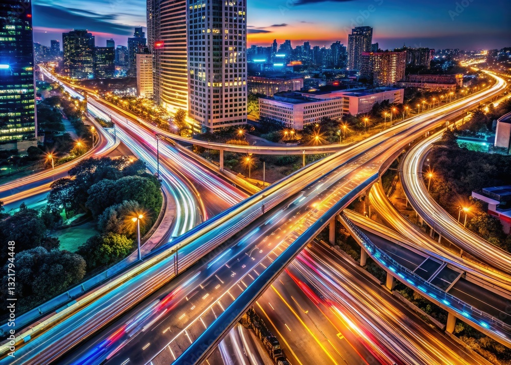 Fototapeta premium V-shaped light trails streak across vibrant cityscapes, creating dynamic motion blur in long exposure night photography.