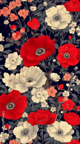 Colorful Floral Pattern Featuring Red and White Flowers on Dark Background Wi...